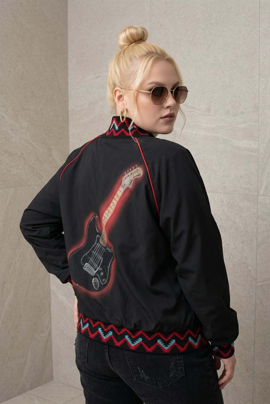 Vintage WestArk Southwestern Geometric Trim Bomber Jacket with Electric Guitar B